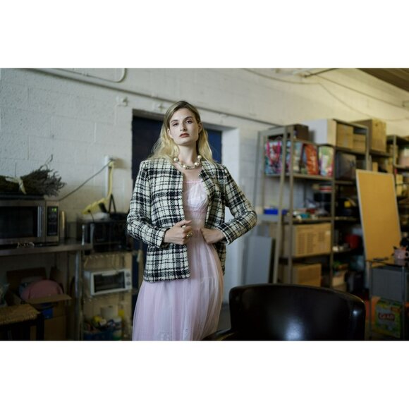 Vintage Herve Benard Collection Plaid Tweed Jacket Pink Black Cream Wool Blazer - Picture 2 of 6